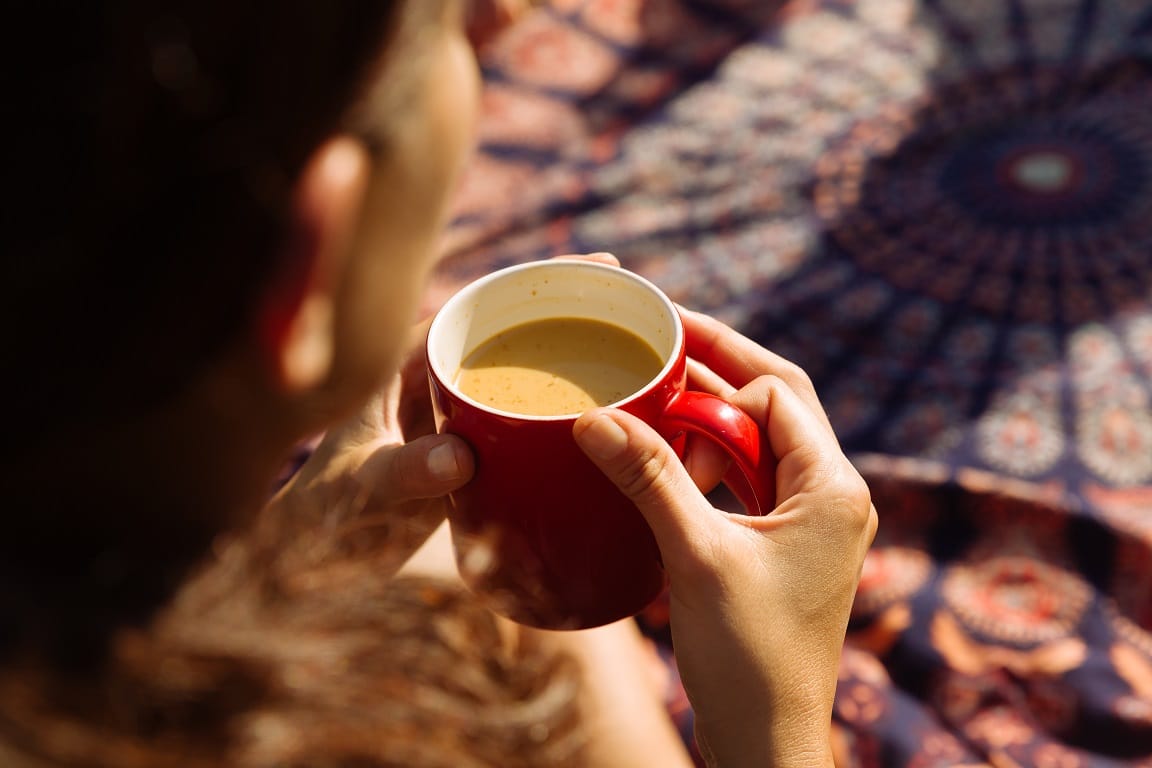 jahmu turmeric ginger chai, sip mindfully, yoga, mandala, coffee, morning